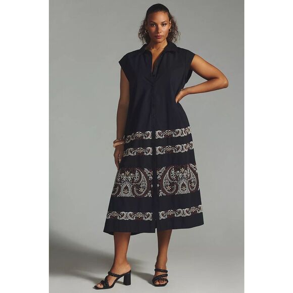 New Anthropologie Embroidered Midi Swing Black Shirt Dress Medium - Picture 1 of 13